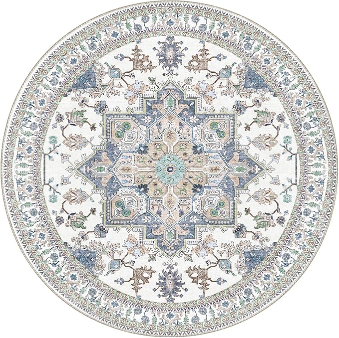 OPPODREAM Soft Round Rug 3ft, Washable Circle Rug 3ft with Non Slip Backing Play Room, Low-Pile Carpet 3 ft, Small Faux Cashmere Throw Carpet, Purple & Green & Cream