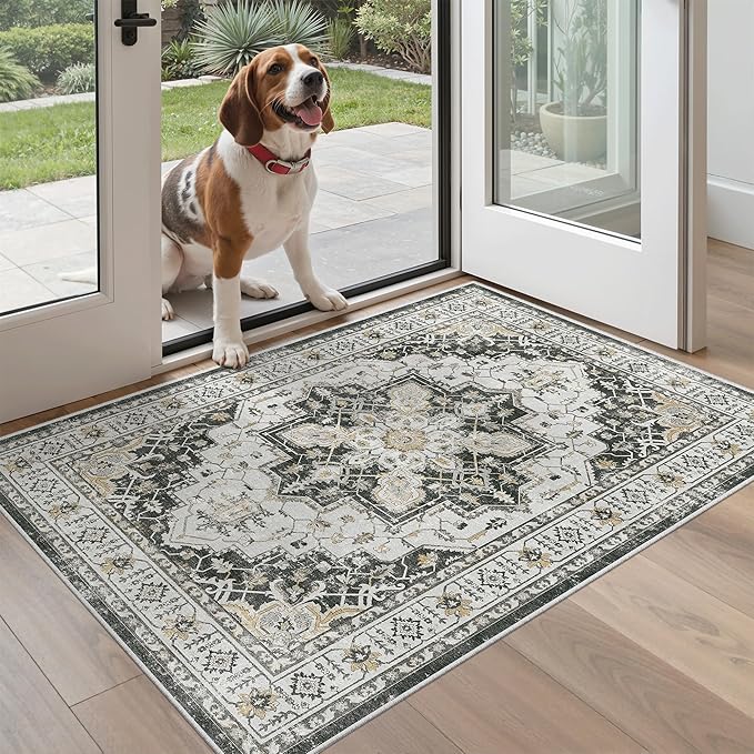 Madane Washable Entry Rug 3x4, Area Rugs for Entryway Kitchen Bathroom Door Mat Indoor Entrance, Vintage Floral Print Office Runner with Non Slip Rubber Backing, Black