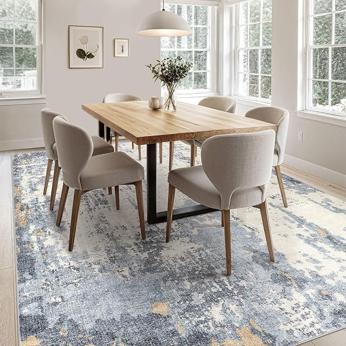 UERMEI 9x12 Area Rug Living Room Rugs - Washable Neutral Modern Abstract Soft Thin Rug Indoor Floor No Slip Rug Carpet for Bedroom Under Dining Table Home Office Decor - Blue/Light Brown