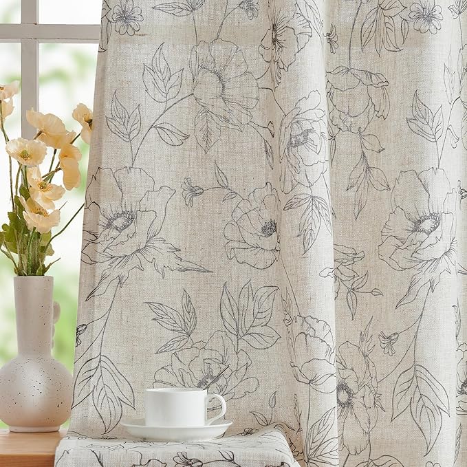 jinchan Linen Floral Curtains for Living Room 84 Inch Length Grey Flower Curtain Rod Pocket Back Tab Farmhouse Curtains with Printed Floral Bedroom Window Curtain Set, 2 Panels Gray