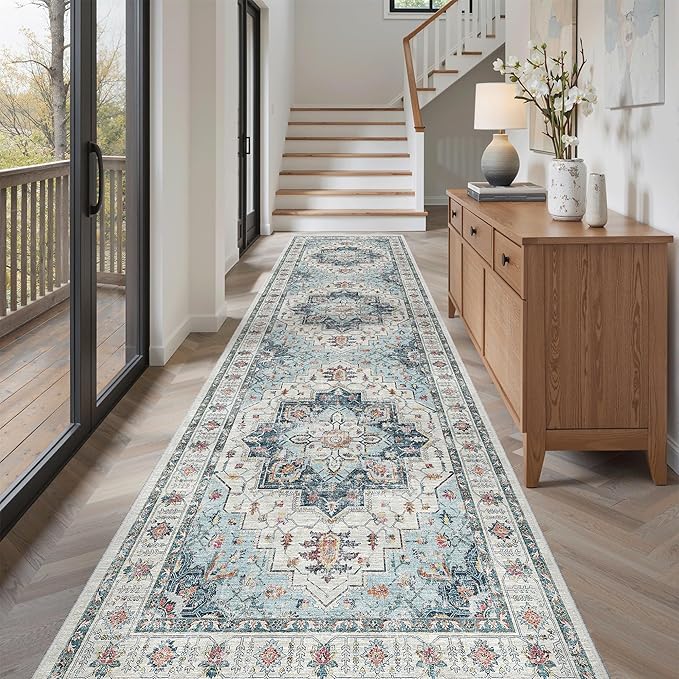 Madane Hallway Rug 3x10, Kitchen Rugs Washable Entryway Rug Vintage Kitchen Runners Non Slip Indoor Area Rug Farmhouse Carpet Runner for Bathroom Living Room Bedroom, Blue