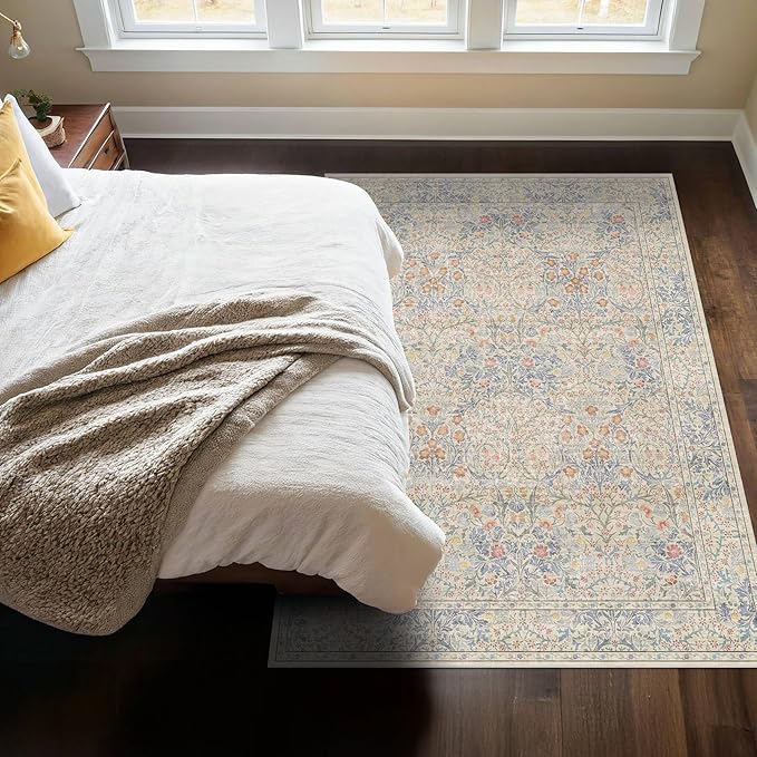 Washable Dining Room Rugs, 6x9 Area Rug for Living Room, Bedroom, Kids Playroom, Baby Nursery - Low Pile Non-Slip Lightweight - Oriental Vintage Design & Stain Resistance (6x9 Light Beige Blue)