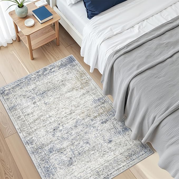2x3 Washable Rug Runner for Bathroom, Soft Entryway Rug for Laundry Room, Kitchen, Vintage Abstract Hallway Runner for Bedroom, Anti-Slip Door Mat Indoor Entrance(2'x3', Blue/Brown/Ivory)