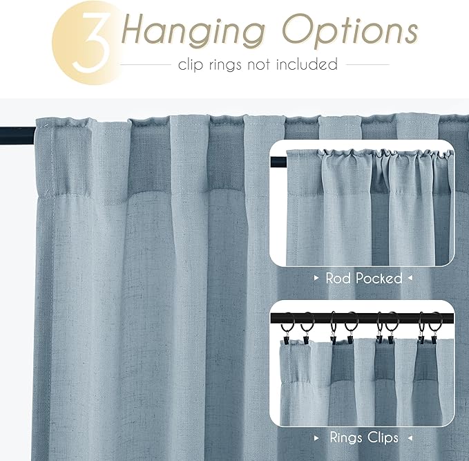 Dusty Blue Linen Curtains for Living Room Back Tab Light Filtering Semi Sheer Light Blue Bedroom Curtain Linen Cotton Textured Grey Blue Drapery Panel Airy Modern Farmhouse Aesthetic Decor 52x120 Long