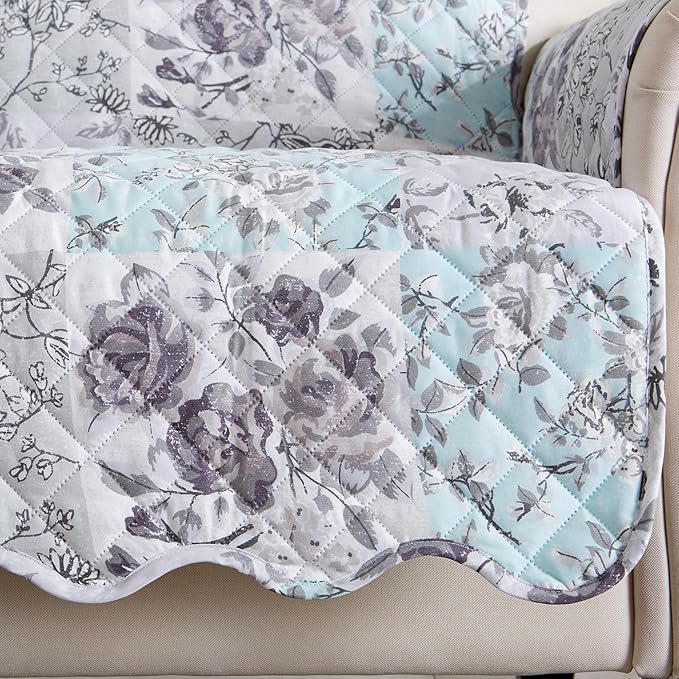 Great Bay Home Reversible Floral Patchwork Sofa Furniture Protector - Machine Washable, Scalloped Edge, Stain Resistant, Printed Furniture Cover for Dogs, Kids, and Pets (Gray/Aqua)