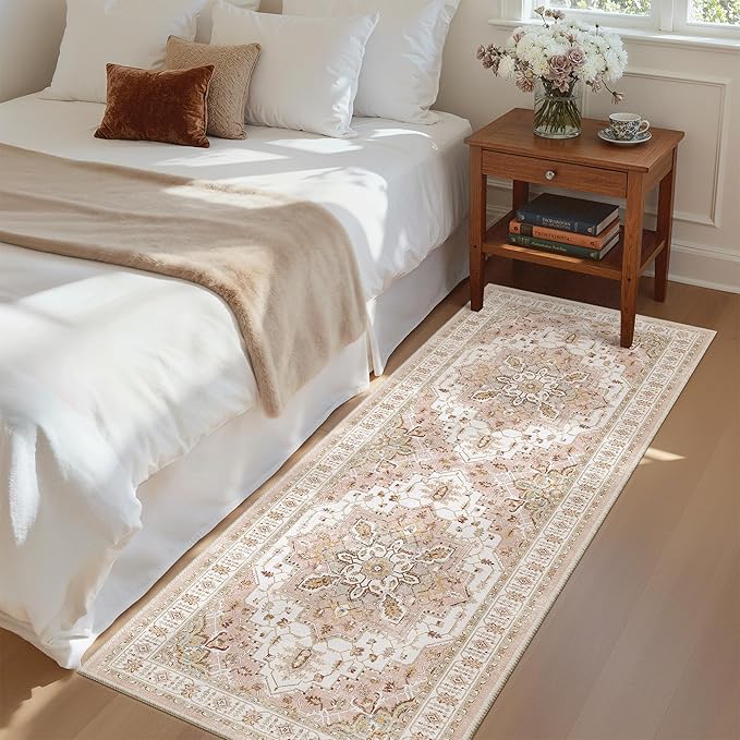 Madane Washable Runner Rug - 2x6 Rug Runners for Hallways 6 Feet Non Slip Vintage Kitchen Runner Rug Ultra-Thin Bathroom Runner Rugs Carpet Laundry Room Bedroom (2x6ft, Pink)