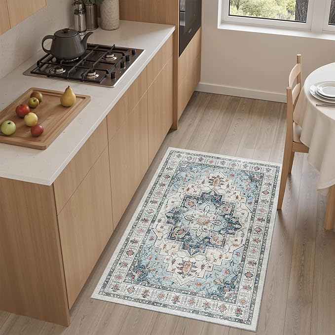 Madane Washable Area Rug 2x3, Small Entryway Rug Non-Slip Vintage Door Mat Indoor Entrance, Low Pile Floor Carpet for Inside Front Door Bedroom Kitchen Entry Laundry (2'x3', Blue)
