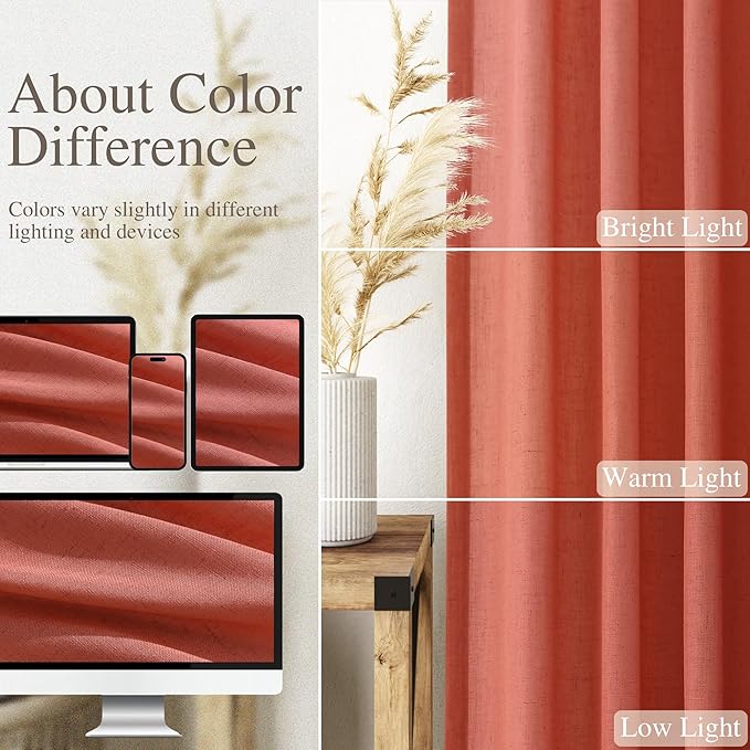 Coral Linen Curtains 102 Inches Long 2 Panel Set Back Tab Rod Pocket Semi Sheer Light Filtering Burlap Extra Long Drapes Neutral Farmhouse Decor for High Window Living Room 52x102