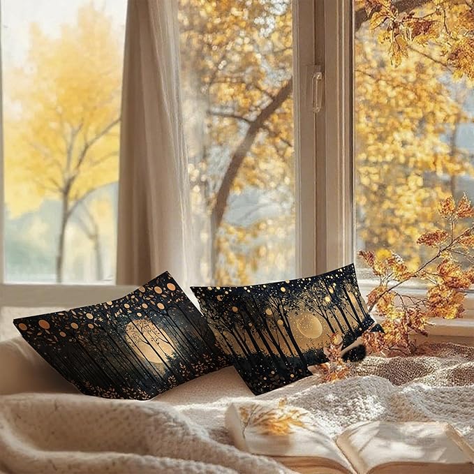 Rustic William Morris Inspired Gold Moon Pillow Covers 12x20 Set of 2,Vintage Black and Gold Moon Forest Botanical Nature Landscape Decorative Throw Pillow Covers for Home Bedroom Living Room