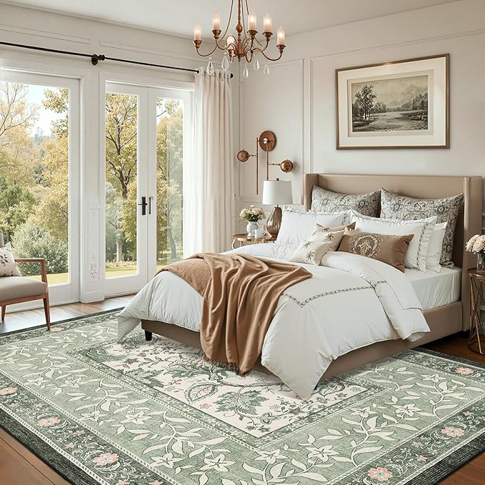 GarveeHome Provence 8x10 Area Rugs for Living Room, Botanical Grove Sage Green Cottagecore Washable Rug for Bedroom Dining Nursery Low-Pile Vintage Large Carpet