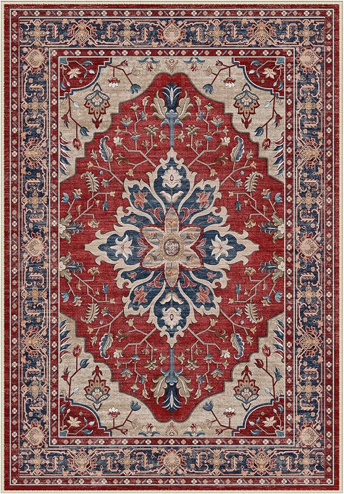 RELEANY Area Rugs Round 8ft Washable Non-Slip, Floral Vintage Distress Print Pattern Medallion Carpet for Living Room Bedroom Dining Room, Red Blue