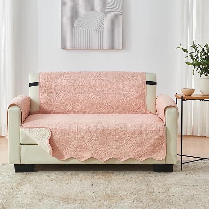 Great Bay Home Reversible Loveseat Cover - Washable Slipcover Furniture Protector with Elastic Straps - Perfect for Kids & Pets - Quilted & Stitched Detail (Dusty Rose/Taupe)