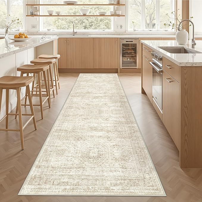 3x10 Runner Rug Non Slip Washable for Entryway, Vintage Hallway Runner for Front Porch, Laundry Room, Bedroom, Abstract Stain Resistant Thin Indoor Kitchen Mats for Floor(3'x10', Beige/Ivory)