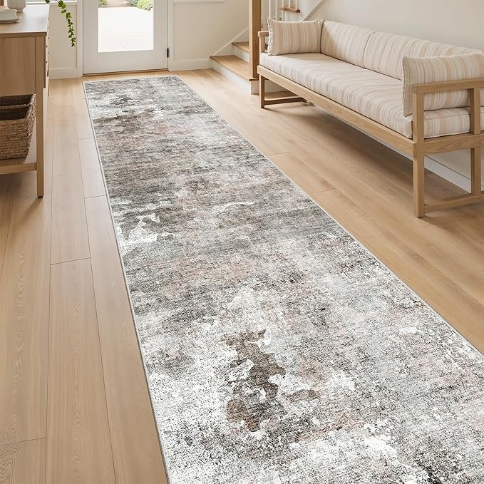 Runner Rug 2x12 Washable Non-Slip Hallway Runner Rugs for Kitchen Bathroom Laundry Room Pink/Grey Vintage Floor Carpet Runners for Hallways Entryway