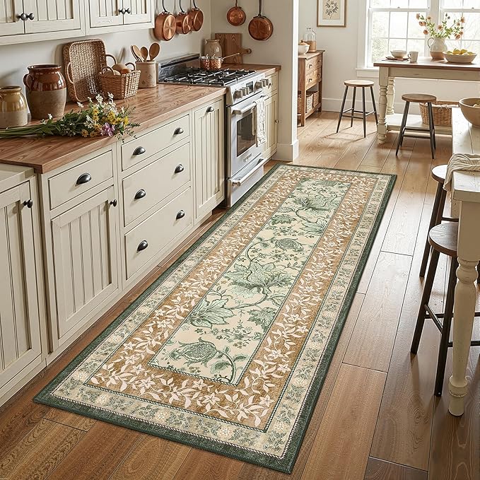 GarveeHome Terracotta Olive Sage Green 2x6 Washable Kitchen Runner Rugs Non Slip Provence Botanical Grove Vintage Boho Cottage Long Rug for Hallways Bedroom TPE Rubber Backing