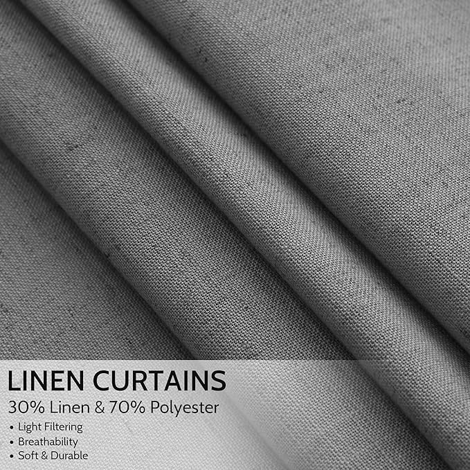 Nanspring Blazer Grey Curtain Linen Blend Light Filtering Back Tab Curtains 108 Inches Long, Semi Sheer Privacy Drapes for Living Room & Bedroom, 52x108 inch, 2 Panels