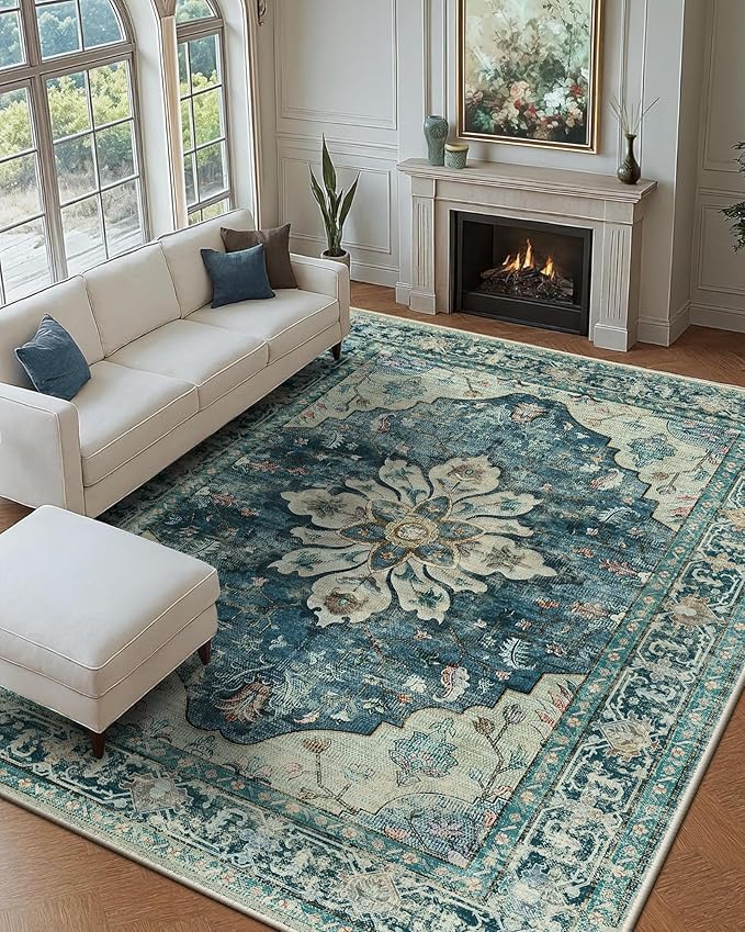 RELEANY Area Rugs 9'x12' Washable Non-Slip, Floral Vintage Distress Print Pattern Medallion Carpet for Living Room Bedroom Dining Room, Dark Blue Vintage