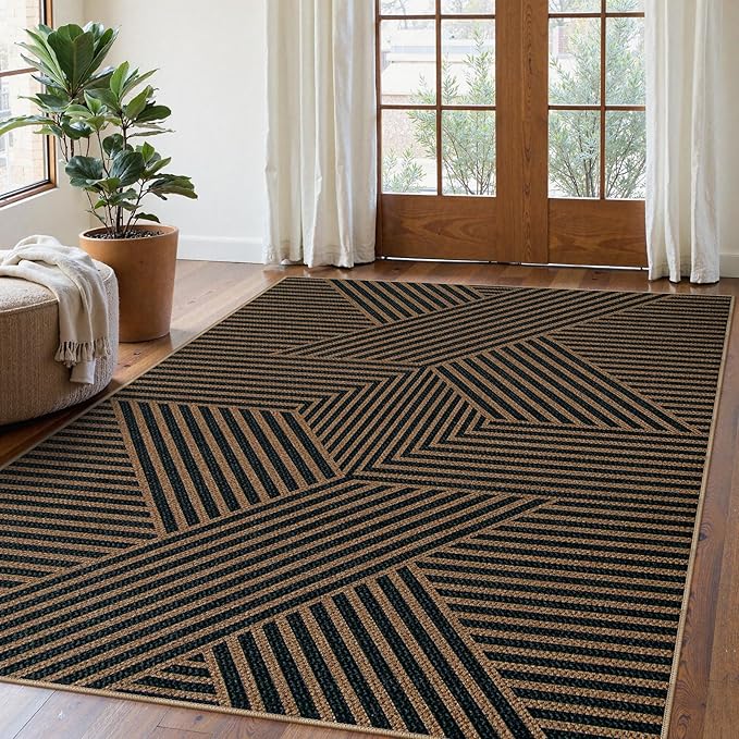 Lahome Enfys Modern Geometric Outdoor Easy Jute Rug, 5x7 Patio Living Room Rug Large Black Carpet for Bedroom, Farmhouse Washable Indoor Outdoor Carpet for Dining Room Backyard Deck