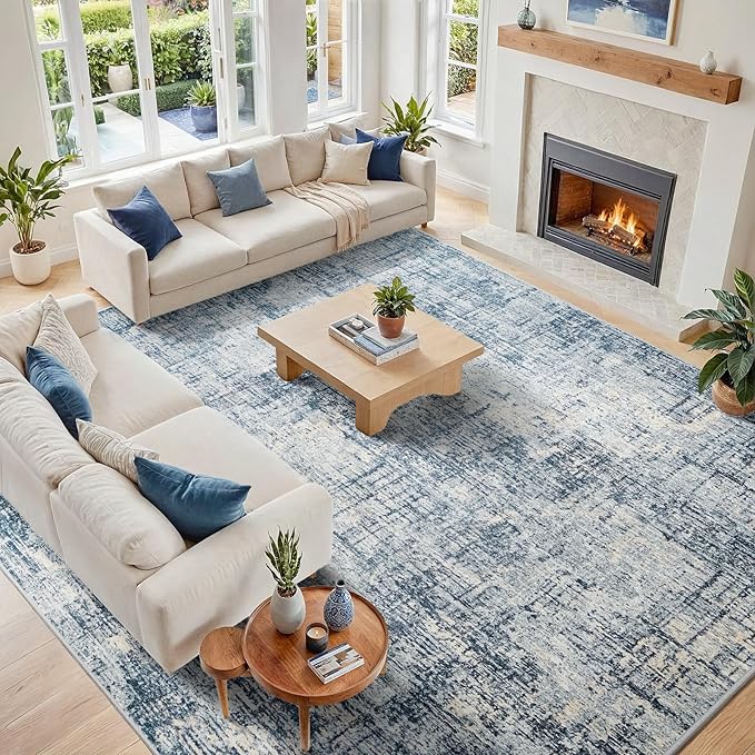 10x14 Area Rugs for Living Room Washable Rug: Anti-Skid Abstract Modern Living Room Rug Soft Thin Carpets Indoor Floor Non-Shedding Carpet for Bedroom Dining Farmhouse Nursery Home Office Blue Gold