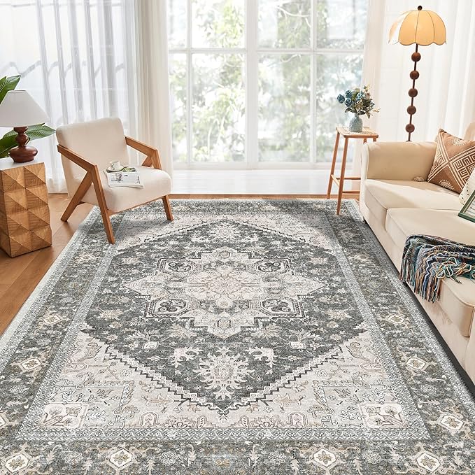 OPPODREAM Soft Area Rugs 4x6, Low-Pile Washable Rugs 4x6 with Non Slip Backing, Faux Cashmere 4 x 6 Throw Carpet, Greenish Grey
