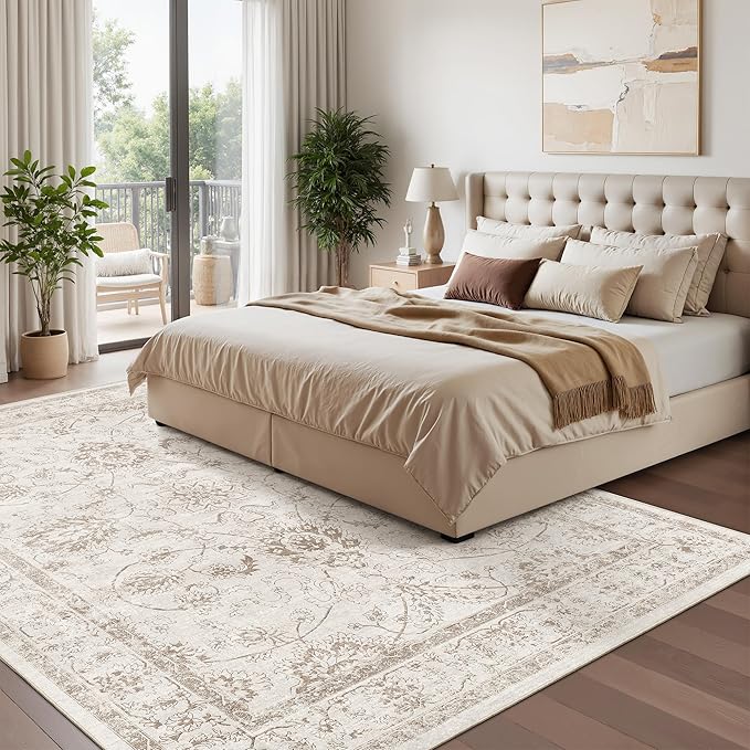 Madane Washable 6x9 Area Rugs for Living Room, Vintage Natural Rug with Non-Slip Backing, Soft Stain Resistant Throw Rugs Thin Carpet for Bedroom Dining Room Farmhouse (6 x 9, Brown/Ivory)