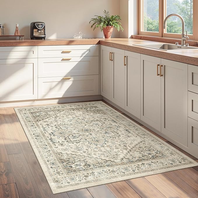 3x5 Area Rugs for Entryway, Kitchen Rugs Non Slip Washable for Dining Room, Vintage Floral Soft Living Room Area Rug, Thin Rug Indoor for Bedroom, Kids Room Decor(Brown,3x5)