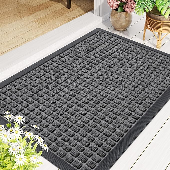 Smiry Front Door Mat Outside Entrance, Heavy Duty Natural Rubber Doormat, Non Slip, Trap Dirt and Moisture, Easy Clean, Low Profile Welcome Floor Mats for Indoor Outdoor Entry, 47x23 Inch, Grey