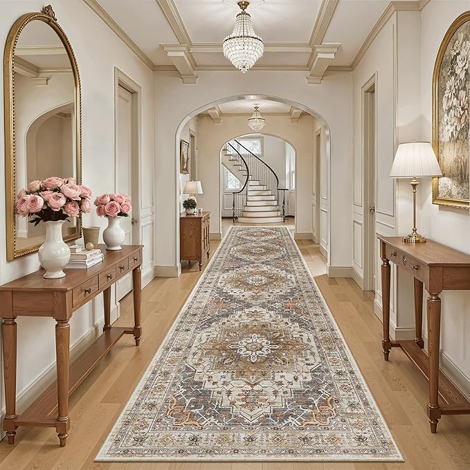 Madane Hallway Runner 3x14 - Runner Rugs 14ft Washable Entryway Rug Vintage Kitchen Runners Non Slip Indoor Area Rug Farmhouse Carpet Runner for Bathroom Living Room Bedroom, Turmeric/Grey