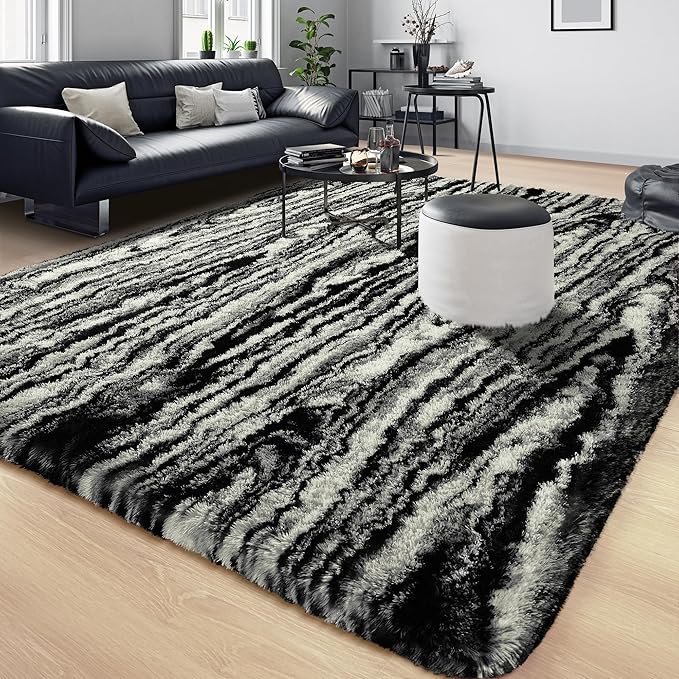 Tepook Fluffy Large Rugs for Living Room, Shag Area Rug 6x9 Soft Carpet for Bedroom, Modern Shaggy Rug for Kids Boys Girls, Plush Indoor Nursery Home Decor Rug with Non-Slip Bottom, Black White