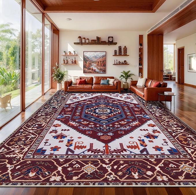 SERISSA 9x12 Area Rugs for Living Room, Large Washable Non-Slip Boho Rug, Ultra Soft Vintage Burgundy Navy Oriental Tribal Print Distressed Carpet for Dining Room Bedroom Dorm Office Home Decor