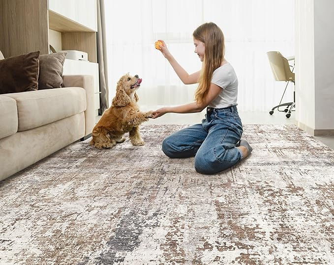UERMEI 6x8 Area Rug Living Room Rugs - Washable Neutral Modern Abstract Soft Thin Rug Indoor Floor No Slip Rug Carpet for Bedroom Under Dining Table Home Office Decor - Brown/Grey/Red