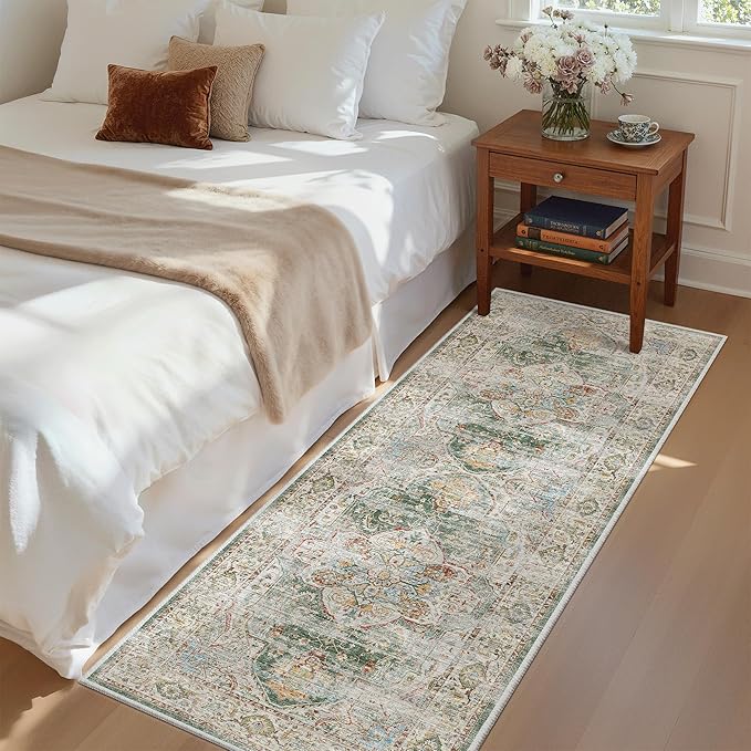 Madane Washable Runner Rug - 2x6 Rug Runners for Hallways 6 Feet Non Slip Vintage Kitchen Runner Rug Ultra-Thin Bathroom Runner Rugs Carpet Laundry Room Bedroom (2x6ft, Green)