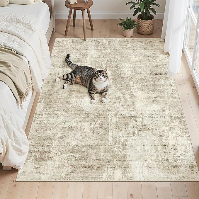 3x5 Rug, Small Area Rug for Kitchen, Entryway, Machine Washable Non-Slip Throw Rug, Vintage Carpet for Nursery Coffee Table Beige/Gray