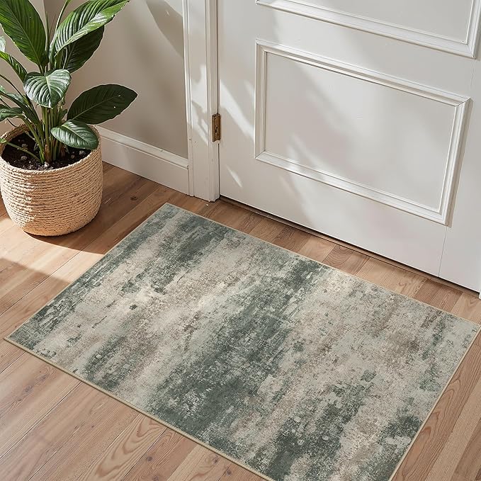 2x3 Rugs for Entryway Entrance Kitchen Bathroom, Machine Washable Modern Abstract Soft Area Rug, Indoor Floor Carpet with Non Slip Rubber Backing, Grey/Dark Green
