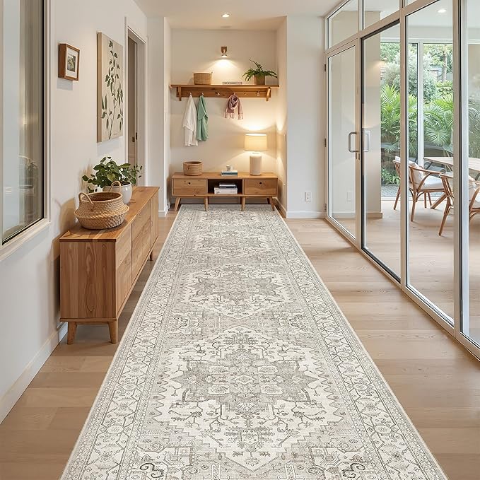 Madane Hallway Runner Rug 3x16 - Vintage Non Slip Washable 16ft Kitchen Runner for Entrance Soft Long Carpet Runners for Living Room Bathroom Low Pile Floor Mat for Bedroom Dining Room, Beige/Brown