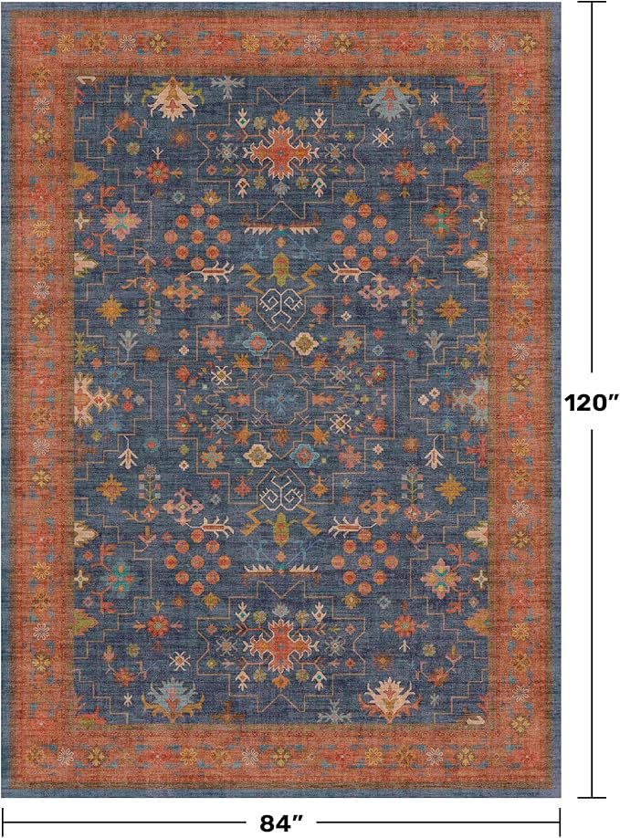 Hazo Haus Washable Navy Blue Living Room Rug, 7x10 Area Rug for Bedroom, Dining Table Rugs - Low Pile Non-Slip Rubber Backing Stain Resistant Rug - Aethestic Boho Home Decor