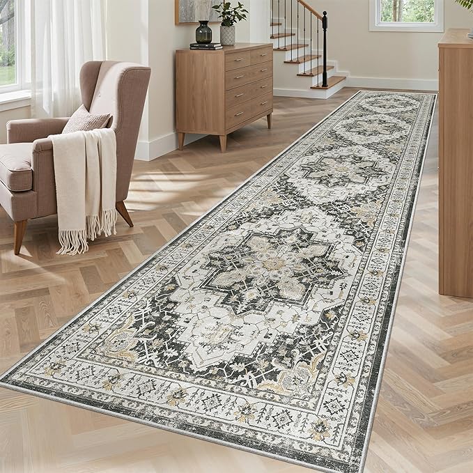 Madane Hallway Runner Rug 2'6''x12' Kitchen Runner, Non Slip Vintage Runners for Hallways Washable Kitchen Rugs Soft Low Pile 2.5x12 ft Rug Runner for Laundry Room, Entryway and Bedroom, Black