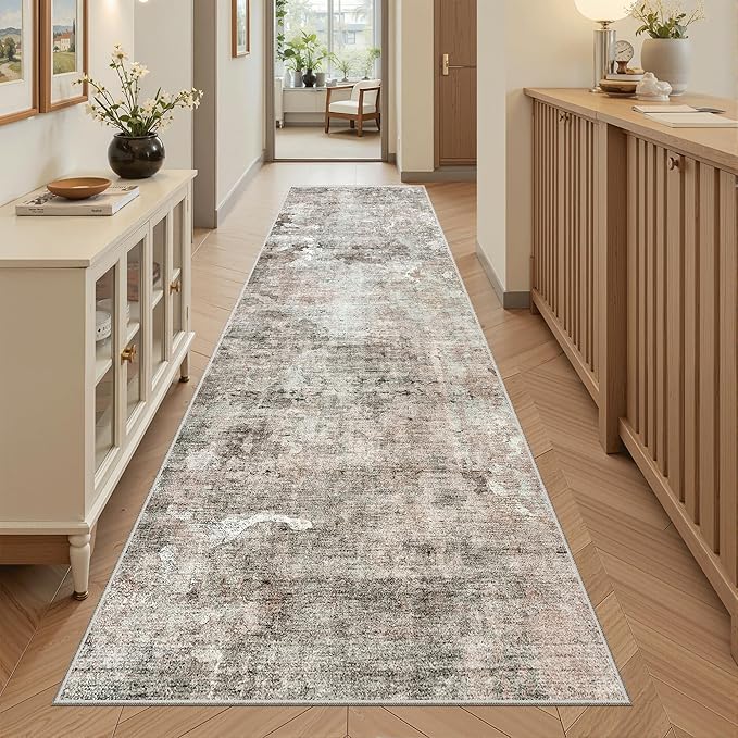 Washable Runner Rug, 2'6" x 8' Non-Slip Kitchen Vintage Foldable 2.5x8ft Hallway Runners for Entryway, Laundry, Bedroom, Pink/Grey