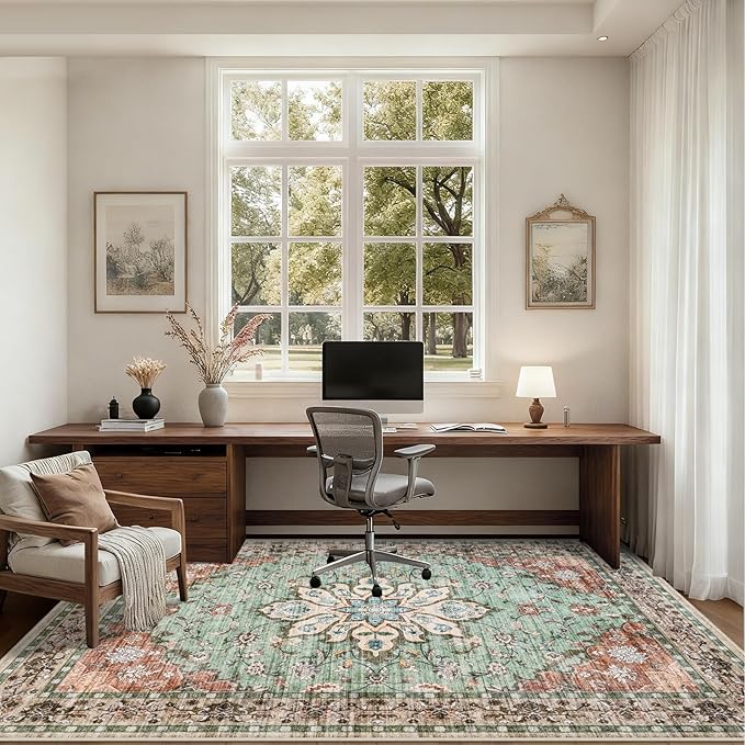 5x7 Area Rugs Living Room Rug: Washable Vintage Distressed Floral Rug No Slip Stain Resistant Soft Carpet Indoor Large Carpets for Bedroom Dining Room Farmhouse Nursery Hallway Home Office Brown Green
