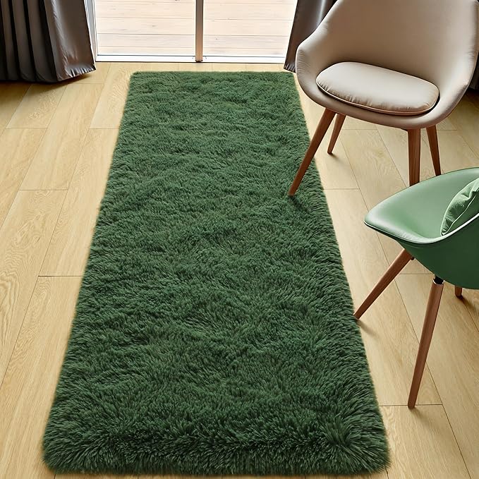Tepook Soft Runner Rugs for Bedroom 2x6 with Rubber Backing, Dark Green Fluffy Rugs for Hallway, Shag Bedside Rug Fuzzy Plush Carpet for Living Room Dorm Nursery Indoor Home Decor