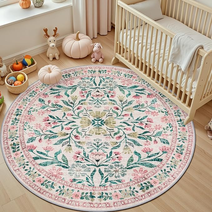 Round Area Rug for Living Room: 6 ft Floral Washable Circle Rug Soft Boho Non-Slip Carpet Indoor Stain Resistant Low Pile Small Circular Rug for Bedroom Entryway Kitchen Nursery Home Office Pink Green