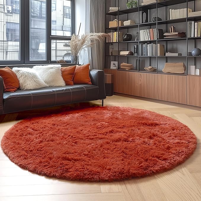 Amdrebio Terracotta Rust Round Circle Rug 6Ft for Bedroom Living Room, Fluffy Shaggy Furry Fuzzy Area Rugs for Kids Room Decor Aesthetic, Large Plush Shag Rustic Carpet for Nursery Playroom Classroom
