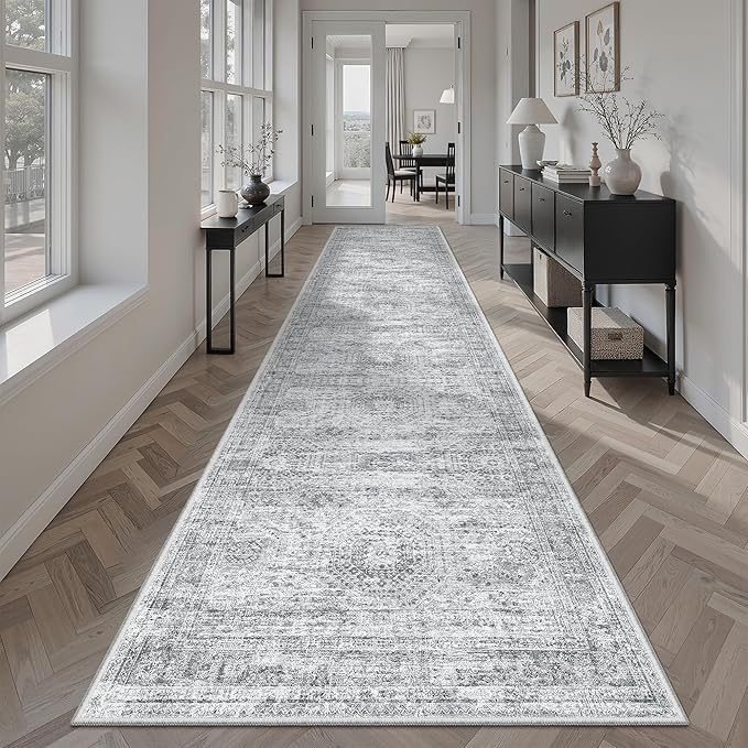 Runner Rug 2'6" x 10' Washable Non-Slip Runner Rugs for Kitchen Bathroom Laundry Room Vintage Ultra Thin Runners for Hallway Entryway Grey