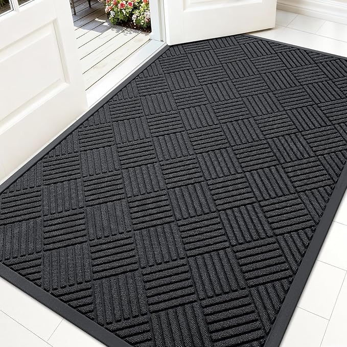 OLANLY Front Door Mat Outside Entrance 59x34, Absorbent, Heavy Duty Sturdy Natural Rubber Doormat Indoor Outdoor, Stain and Fade Resistant, Non-Slip Low Profile Floor Mat for Entryway, Black Diamond