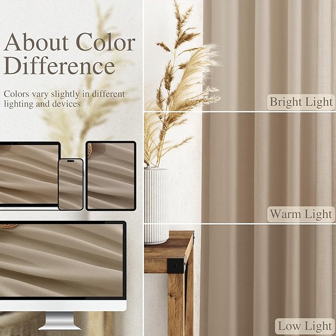 Nanspring Sepia Beige Linen Curtains 96 Inches Long for Living Room Rustic Farmhouse Decor Light Filtering Semi Sheer Curtain Back Tab Neutral Modern Luxury Drapes for Bedroom Office 52x96, 2 Panels
