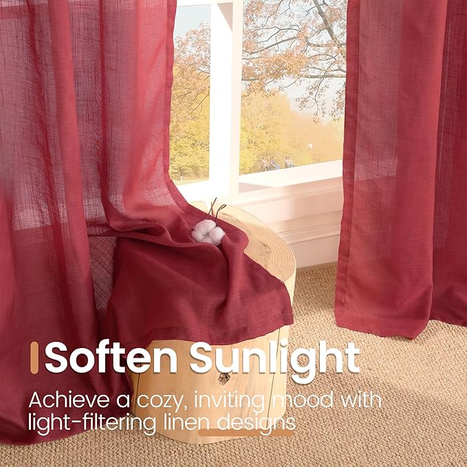 Curtain Panels in Burgundy, Light-Filtering Linen Blend, 63-Inch Length