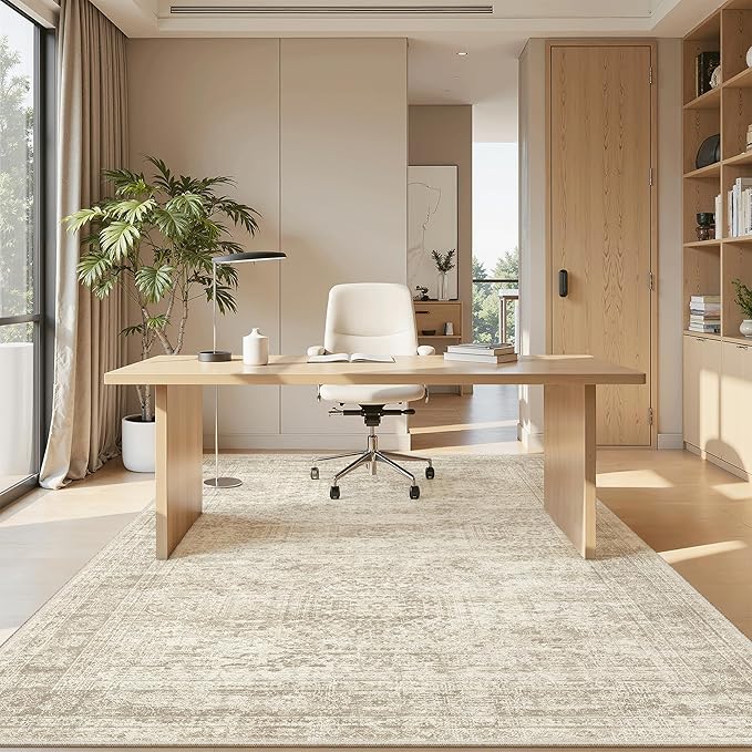 5x8 Area Rugs Beige Low Pile Indoor Washable Trendy Faded Style Rugs for Bedroom Living Room Dining Room Foldable Non-Slip Thin Print Home Office Mat
