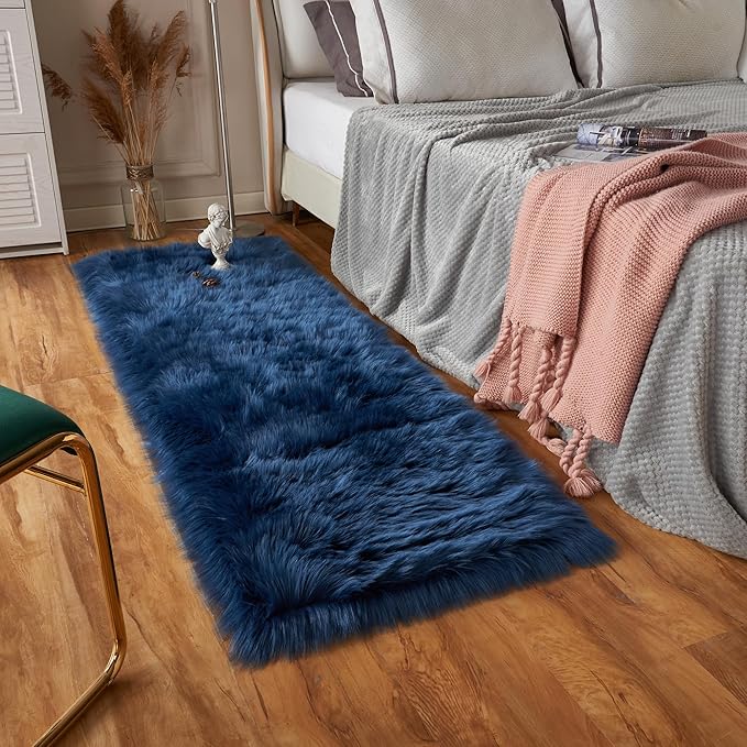 EasyJoy Ultra Soft Fluffy Rugs Faux Fur Rug Chair Cover Seat Pad Fuzzy Area Rug (Dark Blue, 2x6 ft Rectangle)