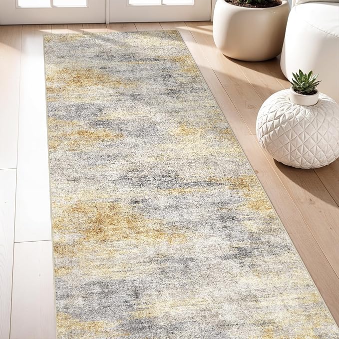 3x7 Washable Kitchen Runner Rug: Modern Abstract Runners for Hallway Soft Non Slip Rugs with Rubber Backing Low Pile Thin Floor Carpet for Entryway Bedroom Bathroom Bedside Indoor(Grey/Yellow,3x7)