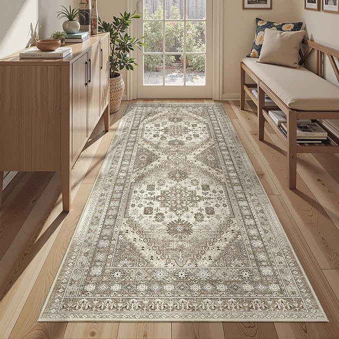 3x8 Runner Rug Non Slip Washable for Entryway, Front Porch, Vintage Hallway Runner for Laundry Room, Bedroom, Stain Resistant Thin Indoor Kitchen Mats for Floor(Brown,3'x8')
